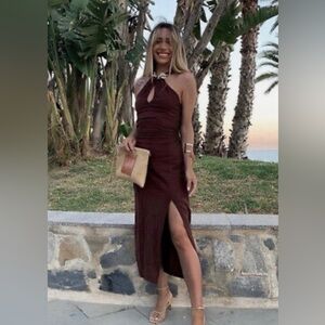 ZARA BROWN LINEN BLEND HALTER NECK MIDI GATHERED DRESS WITH CHAIN SIZE XS